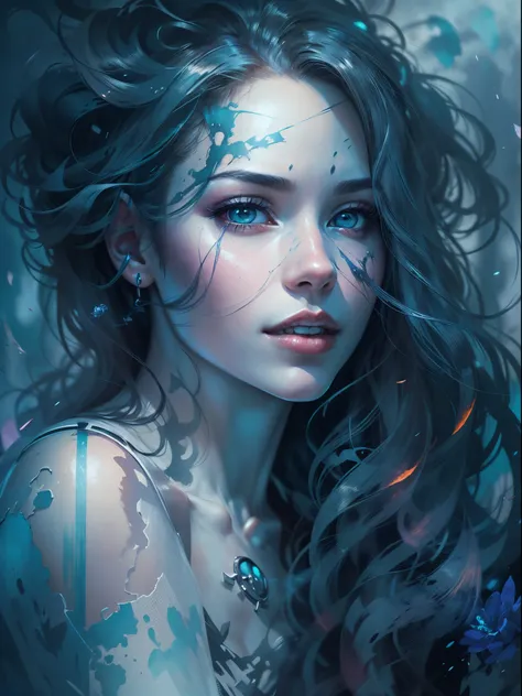 young beautiful woman, long hair, elegant, too beautiful,  in a mesmerizing watercolor painting, a cyberpunk vampire reigns, por...