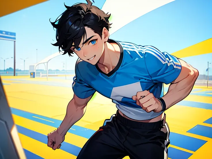 Masterpiece, 1boy, with short black hair, Handsome man, Sportswear, athletic sneakers, horter pants, Blue eyes, Best eyes, muscular, sunny day, Looking Up The Sky, smile