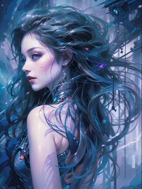 young beautiful woman, long hair, elegant, too beautiful, in a mesmerizing watercolor painting, a cyberpunk vampire reigns, port...