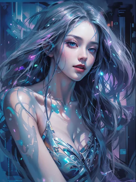 young beautiful woman, long hair, elegant, too beautiful, in a mesmerizing watercolor painting, a cyberpunk vampire reigns, port...