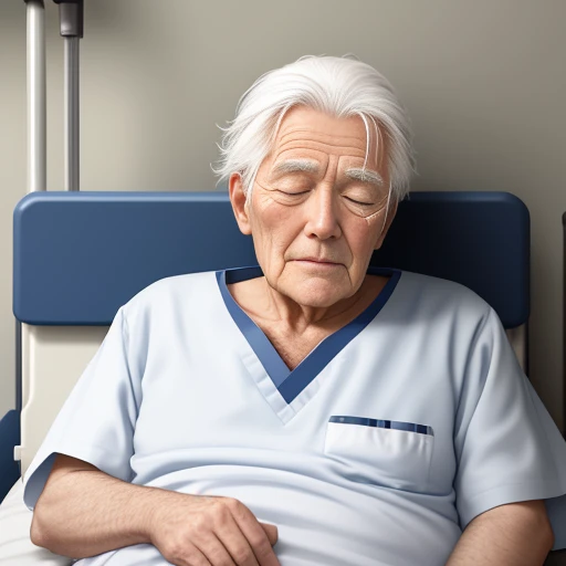 An old man sleeping in a hospital bed　white  hair