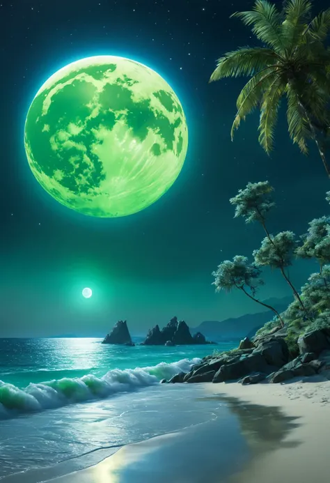 At night sky, the beach is covered with blue and green fluorescence, the huge moon, elf light, stars, facula, the sea with fluorescence, the shining golden beach, the starry sky with moonlight, Michael james Smiths matte painting, reflection, cg rendering,...