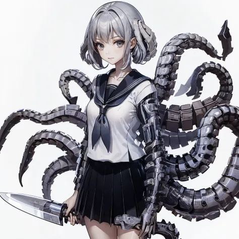 a girl with tentacles. she is a mechanical tentacle. a knife at the tip of the tentacle. a spine-like design. japanese school un...