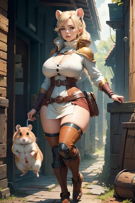 female Hamster Adventurer , full body shot, gigantic breasts,