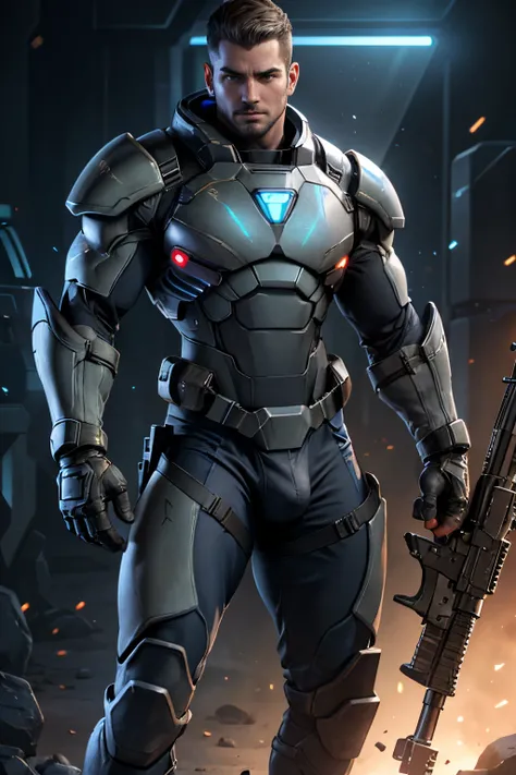 Handsome muscular man, toned physique, Mass effect style armor,gloves,boots, holographic hud,lights,(rifle:1.2), holstered gun on leg, military accessories, large bulge.Large pecs,large biceps,