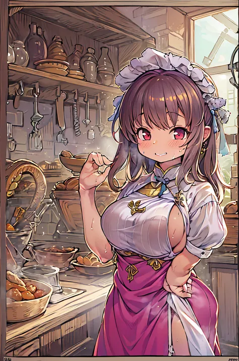 WRC style, Woman, lewd pose, The appearance of a seductive appearance, Apron, kitchin, medieval setting