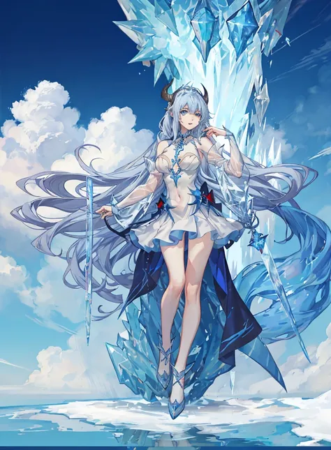 RPG, anime, Ice Queen, Sylvanas Windrunner, Full body, Ice skin, fused with a giant ice beast like a minotaur