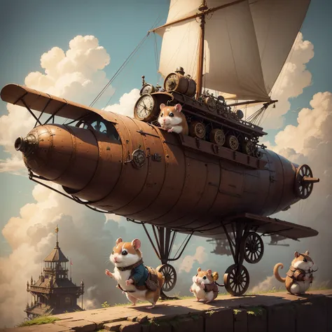 hamster traveler, hamster-aeronaft, steam plane steampunk, steampunc, steampunk painting, hamster in steampunk style clothes