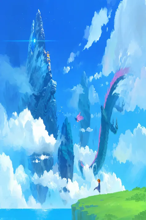 Animation scene of a person flying a kite in front of the mountain, Magic Fantasy 2D Concept Art, Concept art wallpaper 4K, Japanese anime fantasy illustration, Anime landscapes, Colorful concept art, fantasy art style, concept-art. epic landscapes, 2. 5D ...