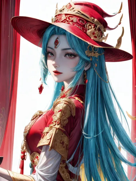 a close up of a woman wearing a red dress and a red hat, trending at cgstation, trending on cgstation, a beautiful fantasy empress, ((a beautiful fantasy empress)), chinese style, red and golden color details, inspired by Huang Ji, red adornments, red ador...