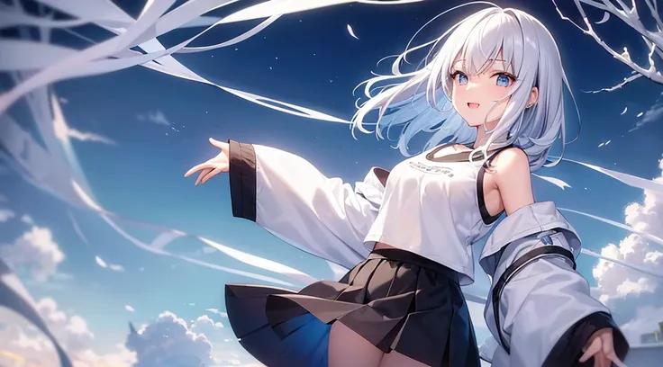 mid-shot, Look at viewers, hands behind back, girl with, 20 years old, Very short hair, long bangs between eyes, hair over shoulder, Grey Hair, Floating hair, ^ ^, pale blue eyes,, Hoodie, The shirt,Skirt, Bare shoulder, White clothes, Blue sky, Nature, Su...