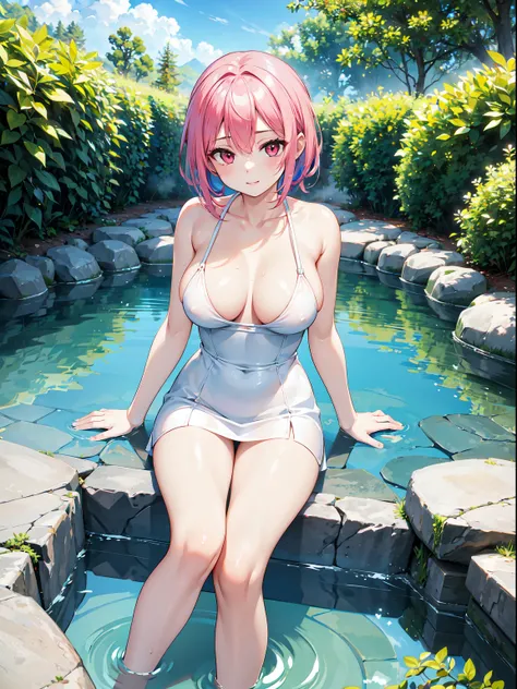 Very beautiful girl taking a bath in an open-air bath Pink skin Red eyes Blue hair Detailed face Detailed body Realistic model Highly detailed Natural scenery CGI 8k resolution