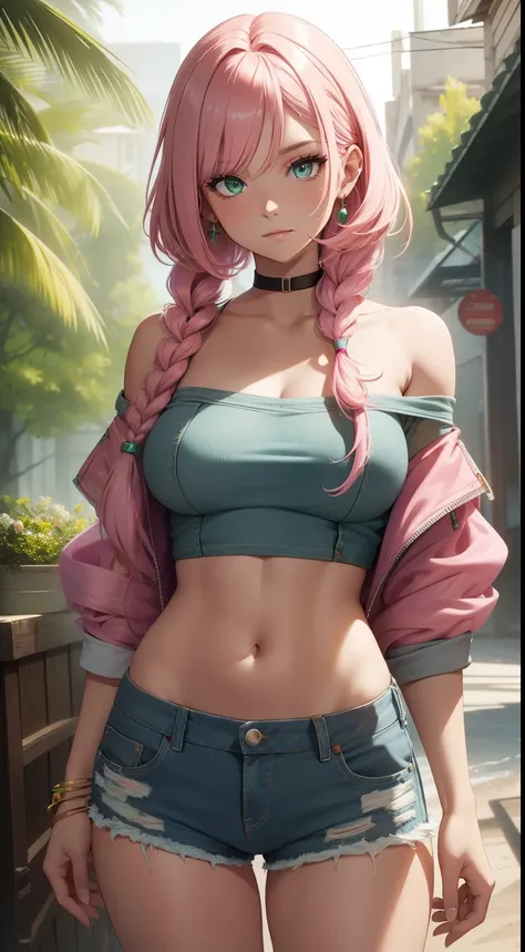 （（Best quality at best，8K，tmasterpiece：1.4））， with pink hair，Long braid on one side， allure，（ Bare lower chest，Plain white off-the-shoulder extra-short top），Colossal tits， shiny skins，tight ripped denim shorts， green-eyed