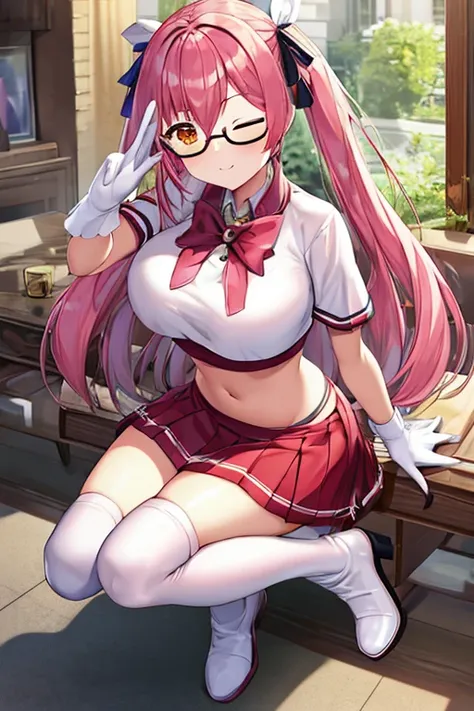 full body girl, pink hair, long hair, straight hair, orange eyes, big breasts, glasses, idol clothes, crop top, skirt, white glo...