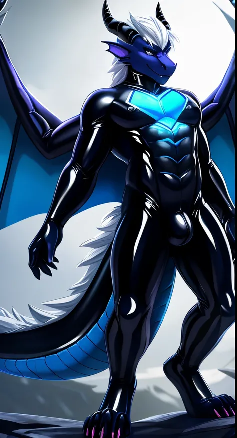 Upload to E621, (male anthro-dragon), The stands up, 独奏, super heavy，Limb fat，White hair, Detailed scale texture, Dragon wings, (at the battlefield), (nakeness), Black blue body，Purple blue and black blue scales，White-bellied，cellshading，The environment is...