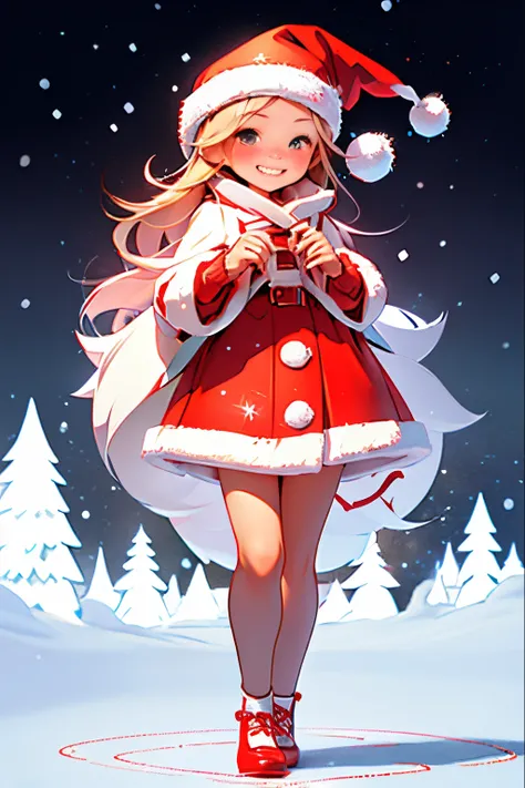 Cute girl Santa Claus、There are stars in the eyes(Floor plan about the)、ssmile、Red shoes are cute、the ultra-detailed、radiant light、Bio-luminescence、snow landscape、Its snowing、Draw a big snowflake in the foreground、Strong bokeh