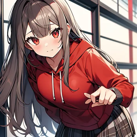 Long gray-brown hair，red hoodie，girl，Plaid skirts，Frontal photo，Bust photo，daze expression。