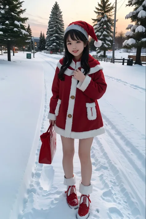 Cute girl Santa Claus、Red shoes, snow landscape, christmas tree, snowflower