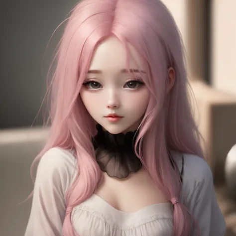 Pink hair droopy eyes woman long