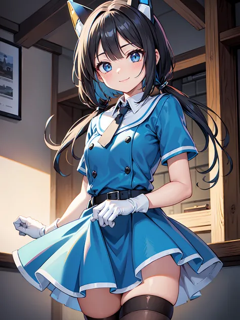 2D, masutepiece, Best Quality, Anime, Highly detailed face, Highly detailed eyes, Highly detailed background, Perfect Lighting, Cowboy Shot, 1girl in, Solo, Aki Rosenthal, Collared dress, Short dress, Short sleeves, Blue jacket, black thighhighs, Hair fall...