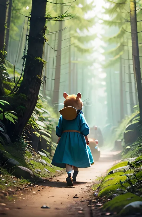 A hamster，Explorers dressed up，walking in the wild，in style of hayao miyazaki，tmasterpiece