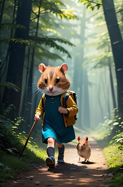 A hamster，Explorers dressed up，walking in the wild，in style of hayao miyazaki，tmasterpiece