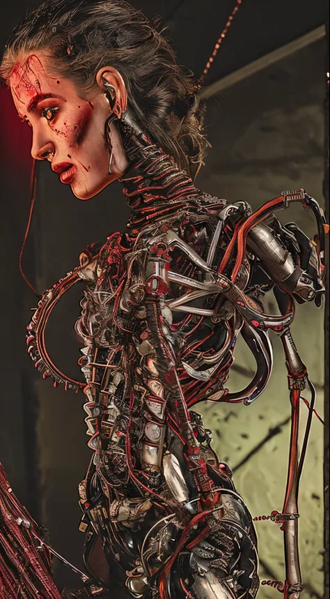 (((Masterpiece))), ((Best Quality)), (Super Detail), (hyper realistic), (Very Evil and Beautiful)), Cinematic Light, ((1 Mechanical Girl)), Single, (Mechanical Art: 1.4), ((Mechanical limb)), (Blood vessel attached to a tube), ((Mechanical spine attached t...