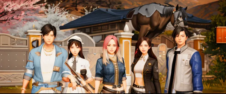 there are many people standing in front of a house with a horse, <mmorpgs scene, in game, korean mmorpg, fashion gameplay screenshot, korean mmo, game cg, pc screenshot, realistic artstyle, girls frontline style, highly detailed characters, realistic shot,...