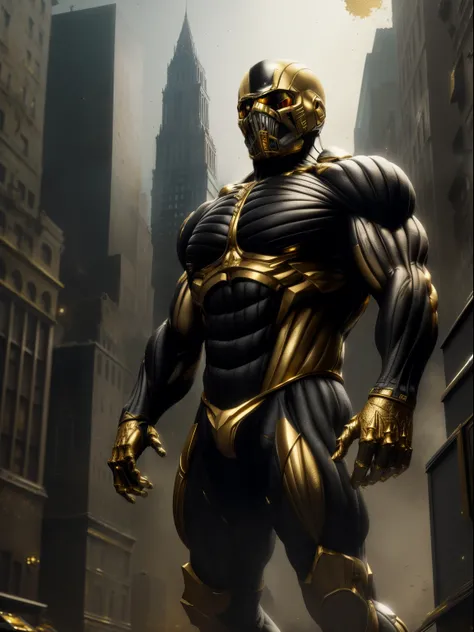 masterpiece, best quality, detailed, soft dim lighting, realistic, ruined cityscape,
(wearing crNanosuit:0.8),
Gold and Black, Gold, Goldy, Black, matte black, Gilding,