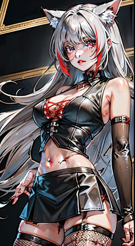 adult girl, medium length gray hair, red eyes, Wolf ears, Red tight top, Sleeveless, Fishnet tights, Leather skirt, tmasterpiece, high high quality，There is blood around the belly button，Stomach injury