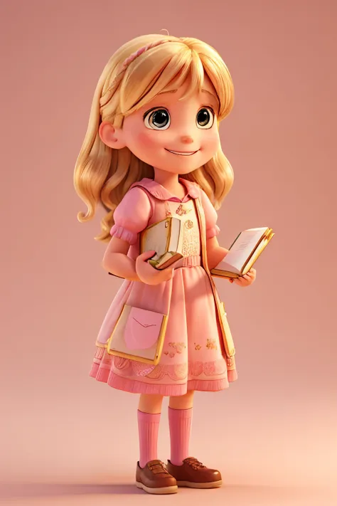 girl, 7 years old, golden hair, pink dress, smiling, holding a blank book disney pixar style, 3d, animation character, high quality