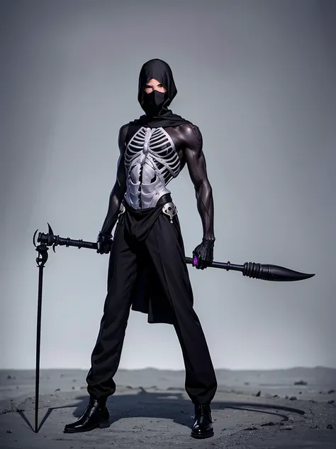 Thin black man, headgear black simagh, black blindfold, skeleton face, full body, long black pants, half naked, black purple slime, holding spear, monster, cripple