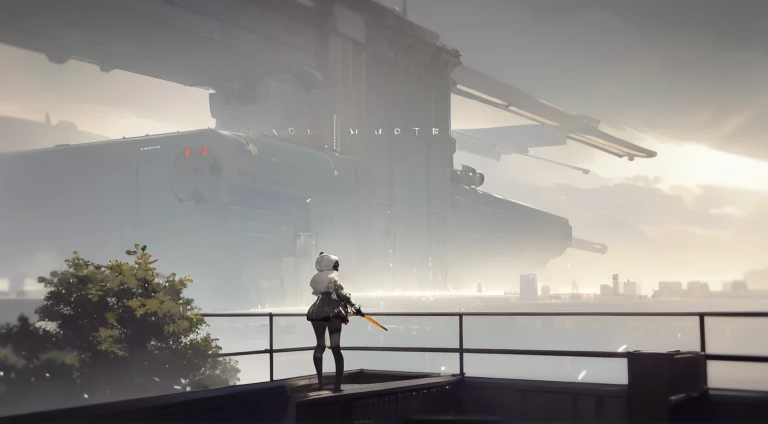 Anime scene of a woman standing on the balcony holding a sword, NieR Automata 2b stills, Screenshot of Nier Automata, Neil 2b, NieR Automata spaceship style, nier automata, 2b nier automata, Neil:automaton, Neil:Inspired by automata, Neil : Inspired by aut...