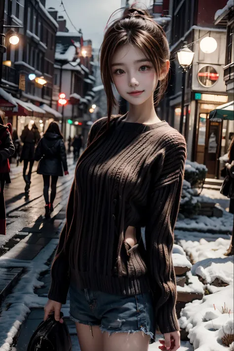 1 girl , Red sweater, short pony tail, christmas, snowing, street view.