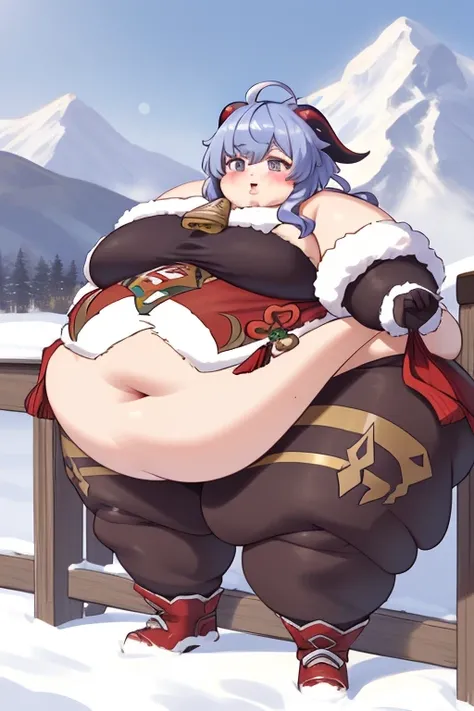 ((Masterpiece)), USSBBW ganyu (genshin impact), ganyudef, outdoors, mountains, purple eyes, christmas style, immobile, Obese belly, Extra Big Obese thick Thighs, Big Fat Butt, Chunky Big Arms, Medium Breasts, visible navel, cute, big cheeks,