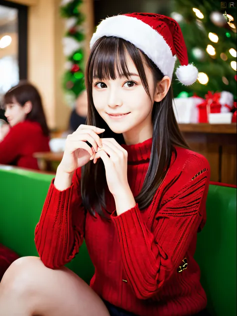 (Close-up portrait of brown half-up long hair of girl with blunt bangs wearing red winter knitted sweater and shirt:1.5)、(Girls have a Christmas party with shy smiles in a cafe at night。:1.5)、( Blurry background,:1.5)、(Perfect Anatomy:1.3)、(complete hands:...