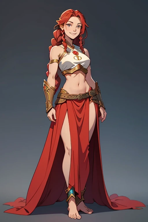 A beautiful, young, visibly barefoot fantasy warrior woman, wearing an armor top  with a long skirt, bare midriff, with wavy red hair in one asymmetrical braid, standing, smiling.