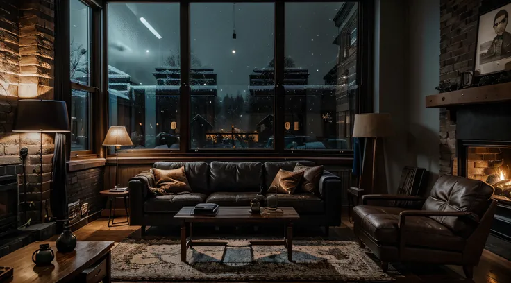 A cozy living room with bricked fireplace inside and big window, big couch and coffee table, night winter landscape visible from a window, night, ultra detail, cinematic