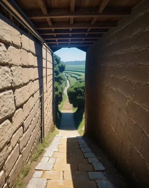 In a maze that stretches far into the distance。Ceiling invisible in pitch darkness。Image quality like old 3DCG。feeling of confinement。All you can see is a wall and some curved roads。wall higher than viewpoint。linear perspective