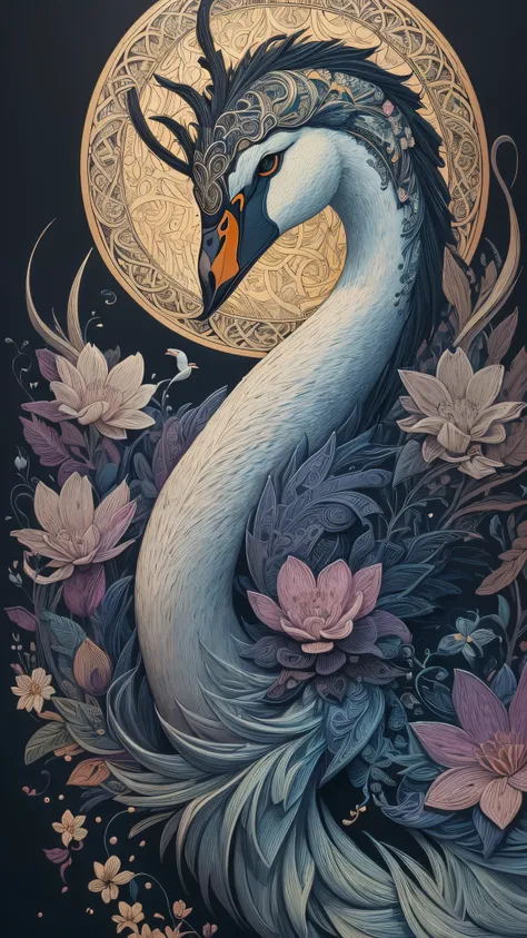 painting of beautiful swan on a solid black background, coloufull embroidery art, embroidery on solid black with colourful wires, by Amanda Clark and James E Eads, painting by android jones, exquisite digital illustration, intricate detailed digital art, i...