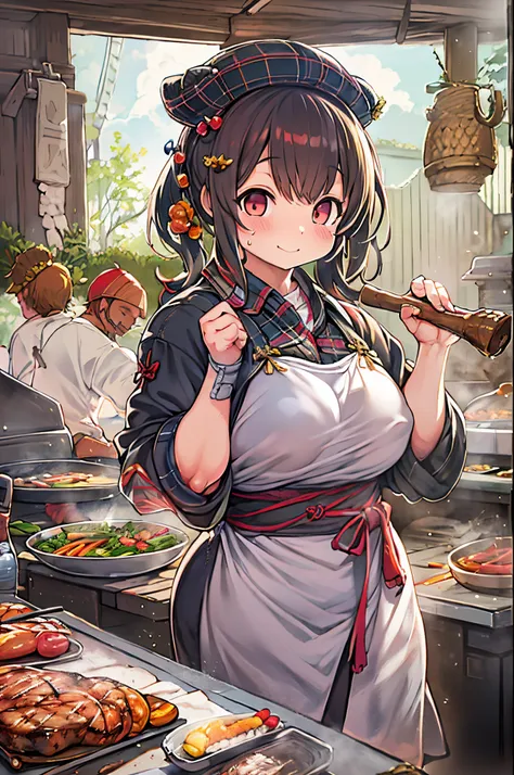 WRC style, Woman, lewd pose, The appearance of a seductive appearance, Apron, kitchin, medieval setting、bbw、grill yakiniku、Grilling meat、Flesh