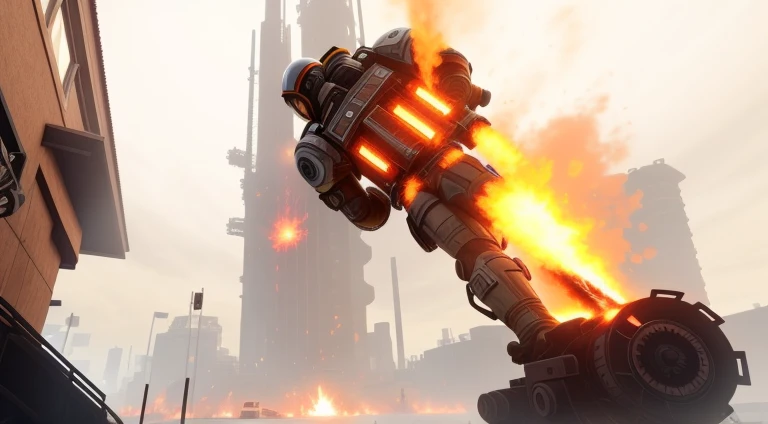 There&#39;s a fire in the air in the room, Flamethrower, Giant Sentinel crashes to Earth, holding a flamethrower, flamethrower, YouTube video screenshot, Pyro, fiery giantess, Ute 4, destroying a cityscape, video game screenshot>, Spiked gears of war skull...