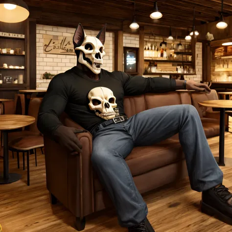 skull dog furry musculoso con pelaje negro curpulento con una camisa negra desabotonada y pantalones negros des abotonados y con la cremallera bajada recostado en un sillon cafe