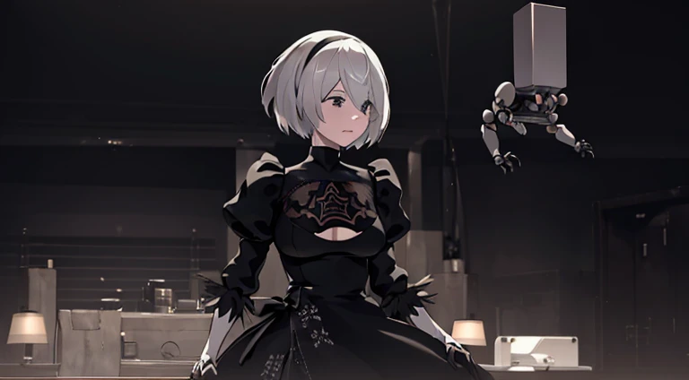 White hair、Anime character in black clothes standing in dark room, NieR Automata 2b stills, 2b nier automata, Neil 2b, nier automata, Neil : Inspired by automata, Neil:Inspired by automata, Neil Mechanical Age 2b, Nier Automata 2B, nier automata, 2b, 2b