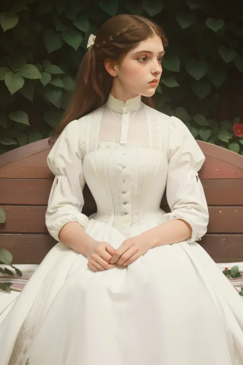 1885, england. Pre-raphaelite 16-year-old Alexandra Daddario, boarding school gardens, ((((1880s clothes, white dress)))), ((1880s hairstyle))