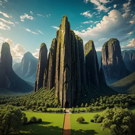 a monolith in a green and beautiful land of lush nature. epic scene, vento forte com folhas secas. Imagem centralizada. with vivid colors. oil painting based on the Renaissance. symmetrical and centralized.