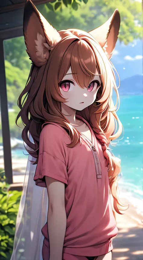 A high resolution, depth of fields, tmasterpiece, Best quality at best, Seafront，Shawl hair, Alone, looking at viewert, Defiant eyes，shaggy，Red Fox，smallunderboob，bit girl，Brown hair，a pink eyes，Wear separately（Short-sleeved trackwear），Orc party，