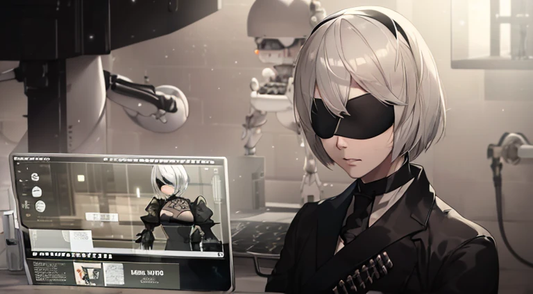 Anime character with white hair and black eyes holding tablet computer, NieR Automata 2b stills, nier automata, 2b nier automata, nier automata, Neil:automaton, Neil 2b, Screenshot of Nier Automata, Neil : Inspired by automata, Neil:Inspired by automata, T...