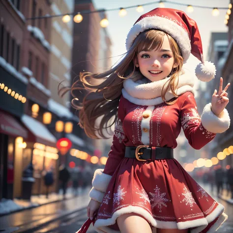 "((Masterpiece), (best quality), (ultra-detailed), (full length: 1.5) Teenage girl dressed in a beautiful modern Christmas dress, Santa hat, on a Christmas themed street filled with gifts. Appearance charming, happy expression, medium height. Clothing: ele...