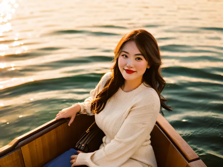 there is a woman sitting on a boat with a purse, on a boat, on a boat on a lake, at golden hour, a young asian woman, alluring p...